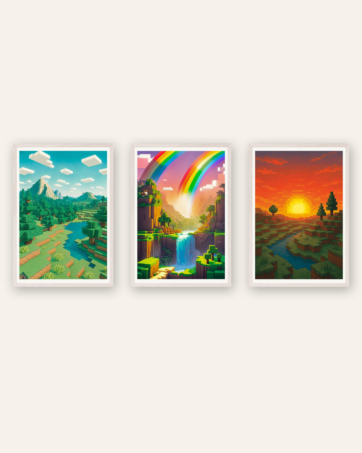 Pixel-Art-Landschaftsposter, 3er-Set: Berg, Regenbogental und Sonnenuntergang, in weißen Eichenrahmen