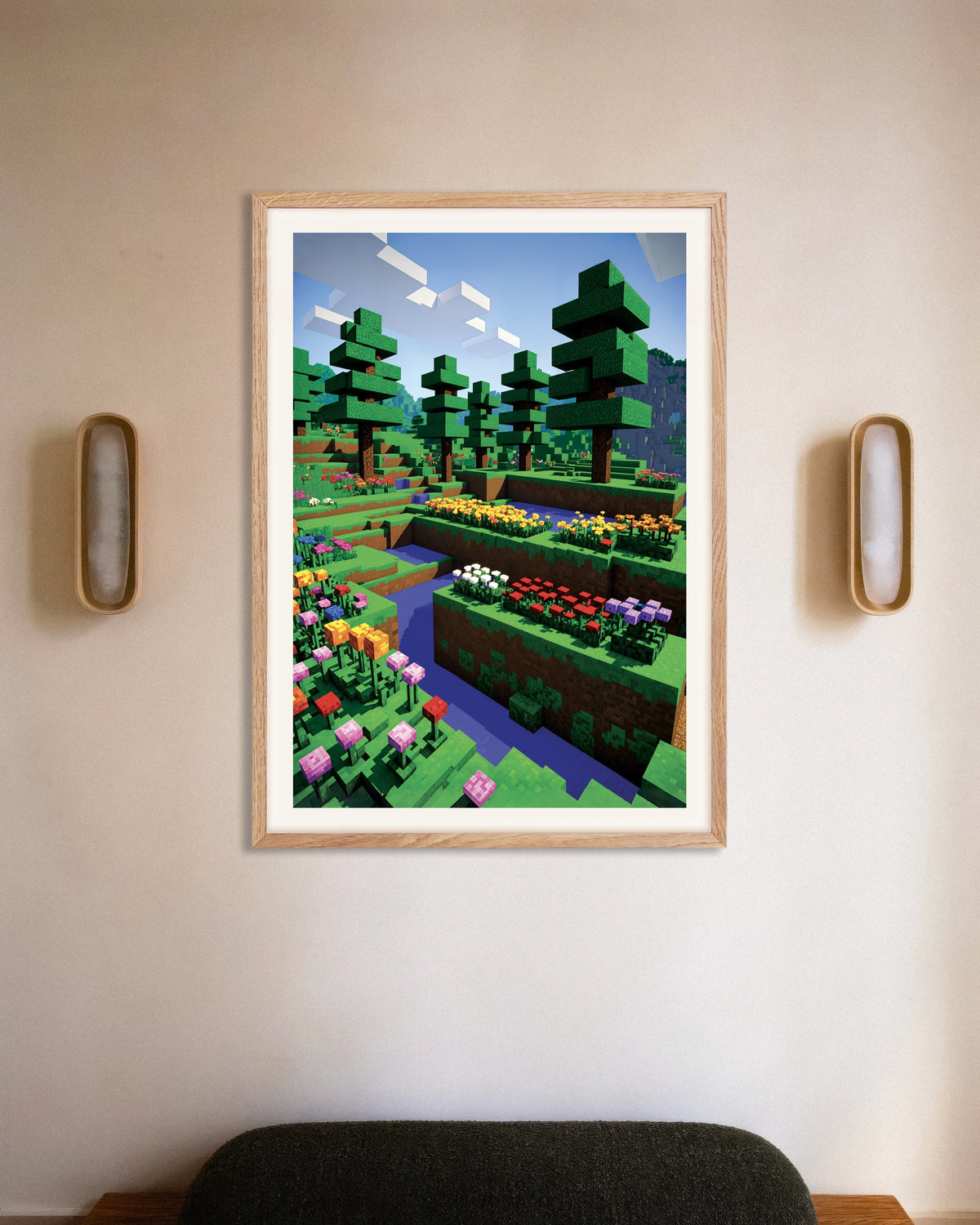 Poster „Pixelblumen“ mit naturbelassenem Holzrahmen