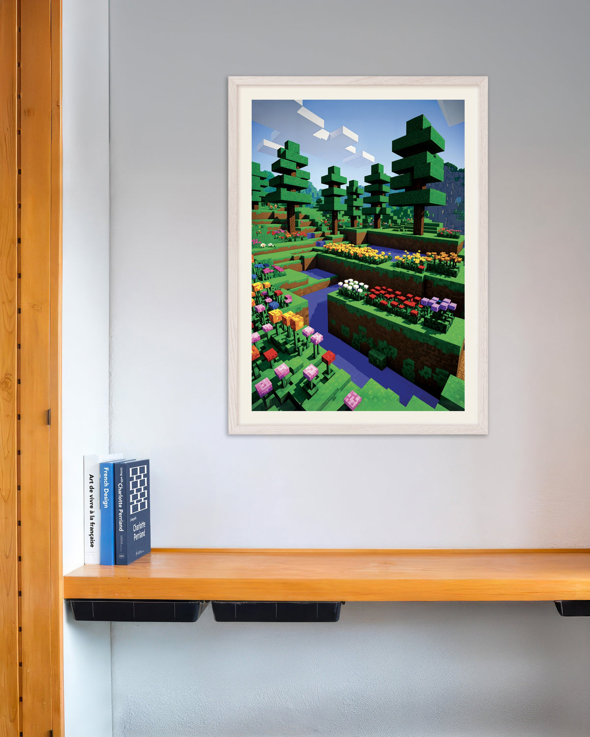 Poster „Pixelblumen“ mit weißem Holzrahmen