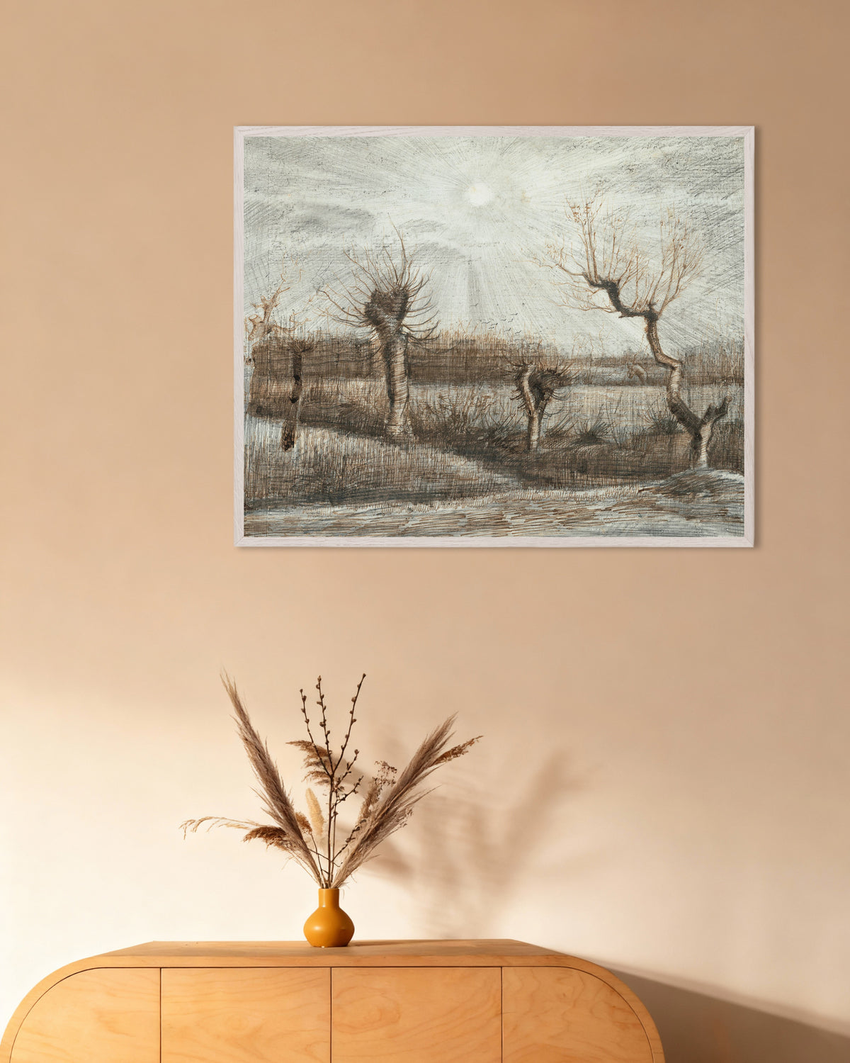Poster von Pollard-Weiden (1884) von Vincent van Gogh, mit weißem Holzrahmen