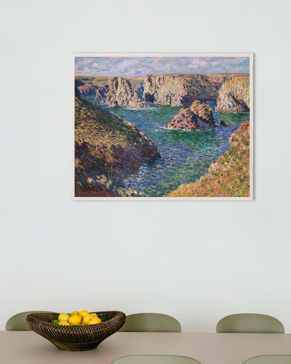 Poster Port-Domois, Belle-Île (1887) von Claude Monet mit weißem Holzrahmen