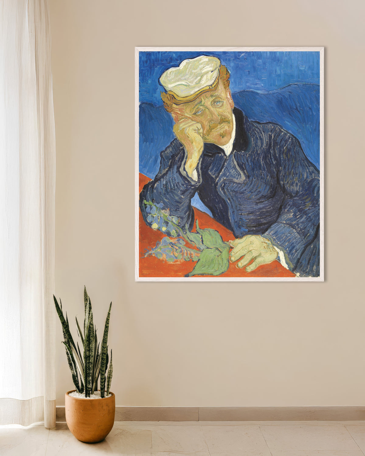 Poster mit Porträt von Dr. Paul Gachet (1890) von Vincent van Gogh, mit weißem Holzrahmen