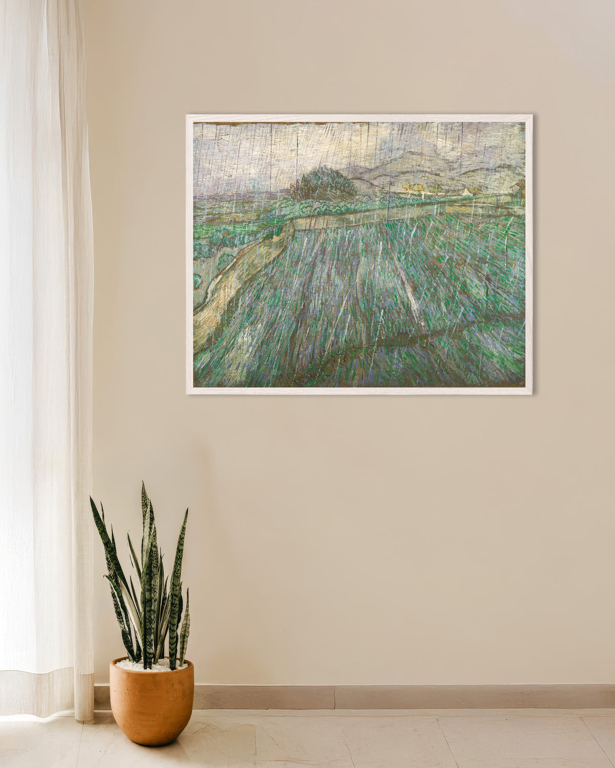 Poster von Regen (1889) von Vincent van Gogh, mit weißem Holzrahmen