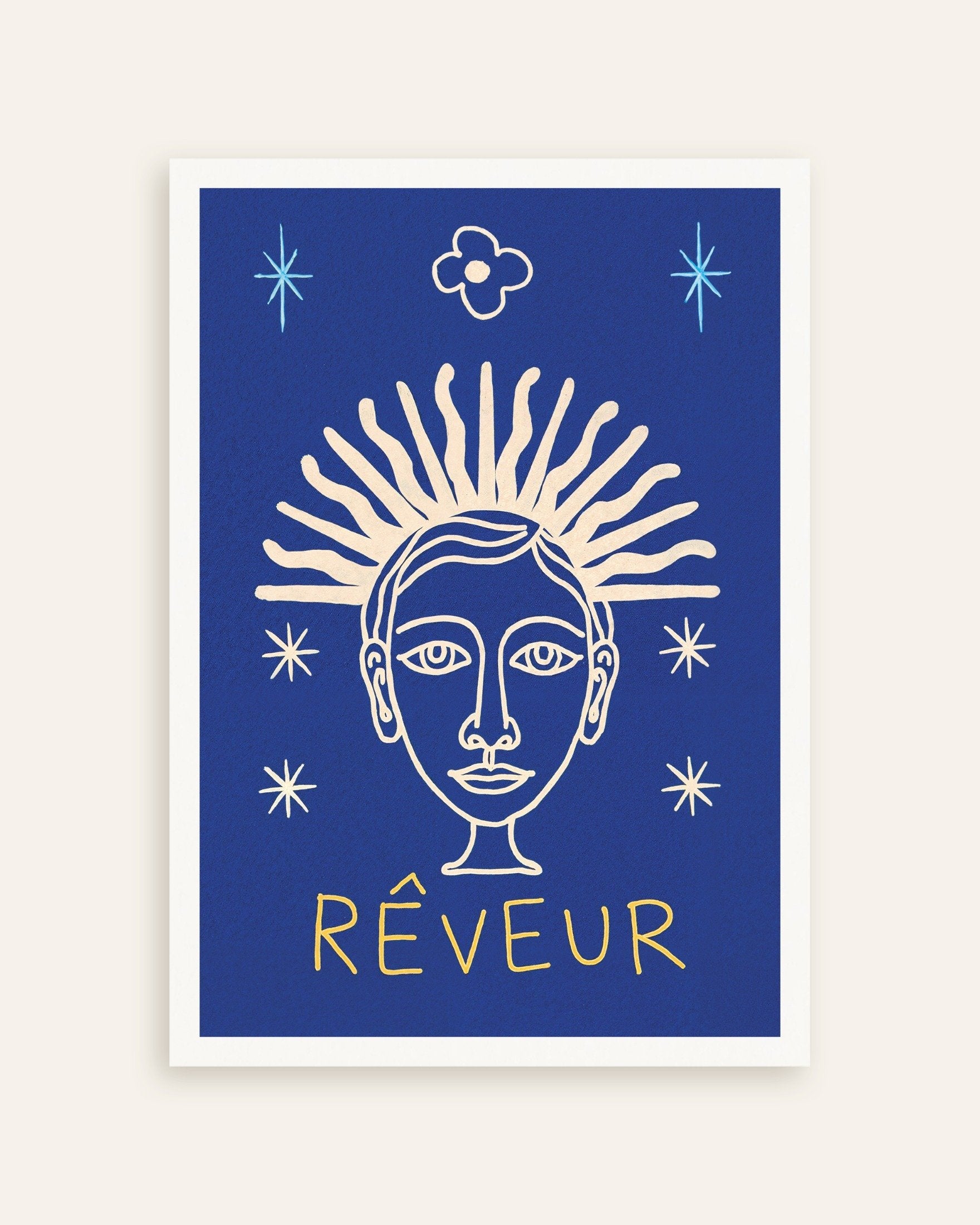 Poster of Rêveur - Sunburst Face on Deep Blue - Poster, thumbnail