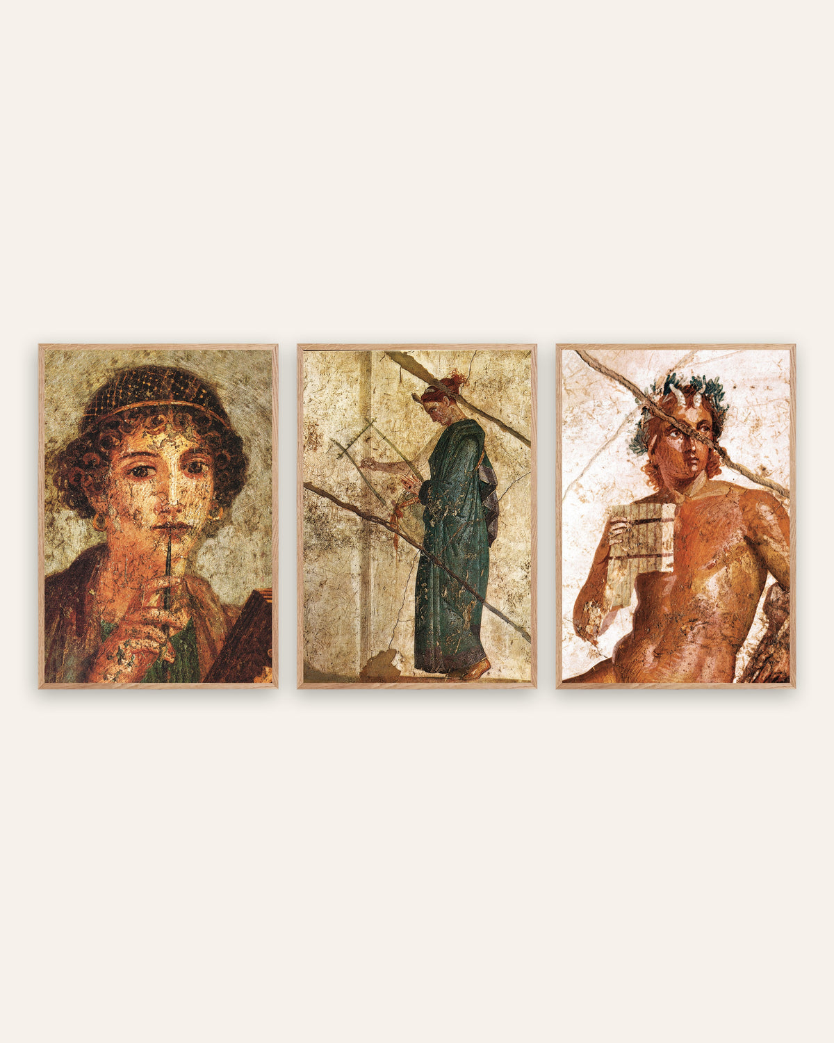 Römische Fresken Poster, 3er-Set: Poesie und Musik, Sappho, Lyra und Pan, in Rahmen aus Natureiche