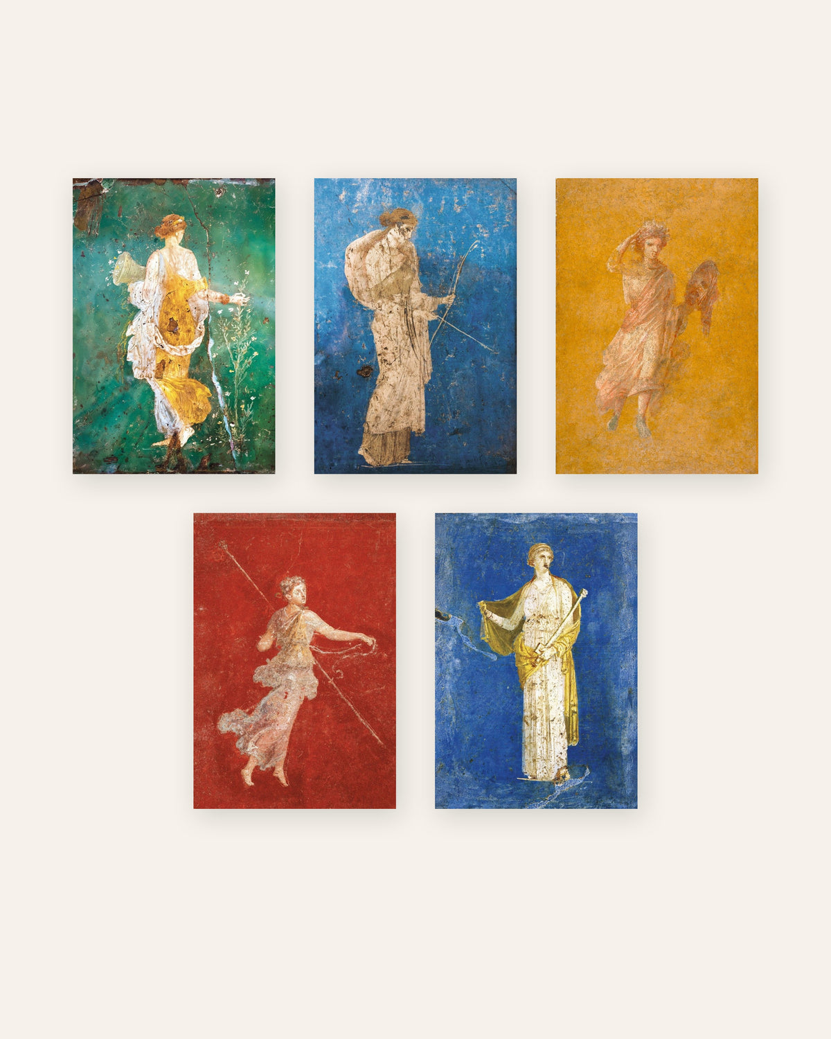 Set aus 5 Postern mit römischen Fresken, Flora, Artemis, Melpomene, Mänade und Medea, ohne Rahmen