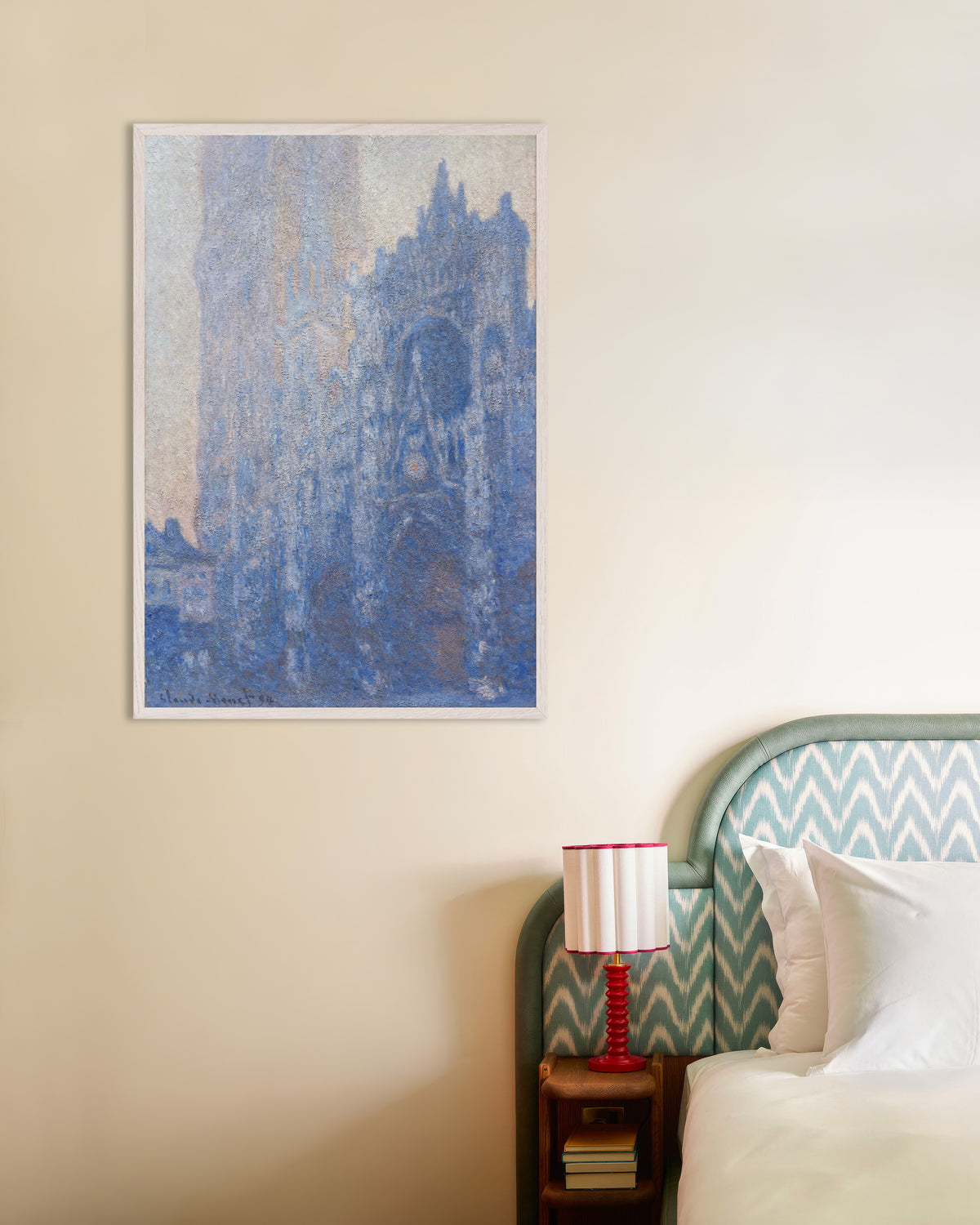 Poster Die Kathedrale von Rouen, Portal und Tour d'Albane, Morgenstimmung (1894) von Claude Monet mit weißem Holzrahmen