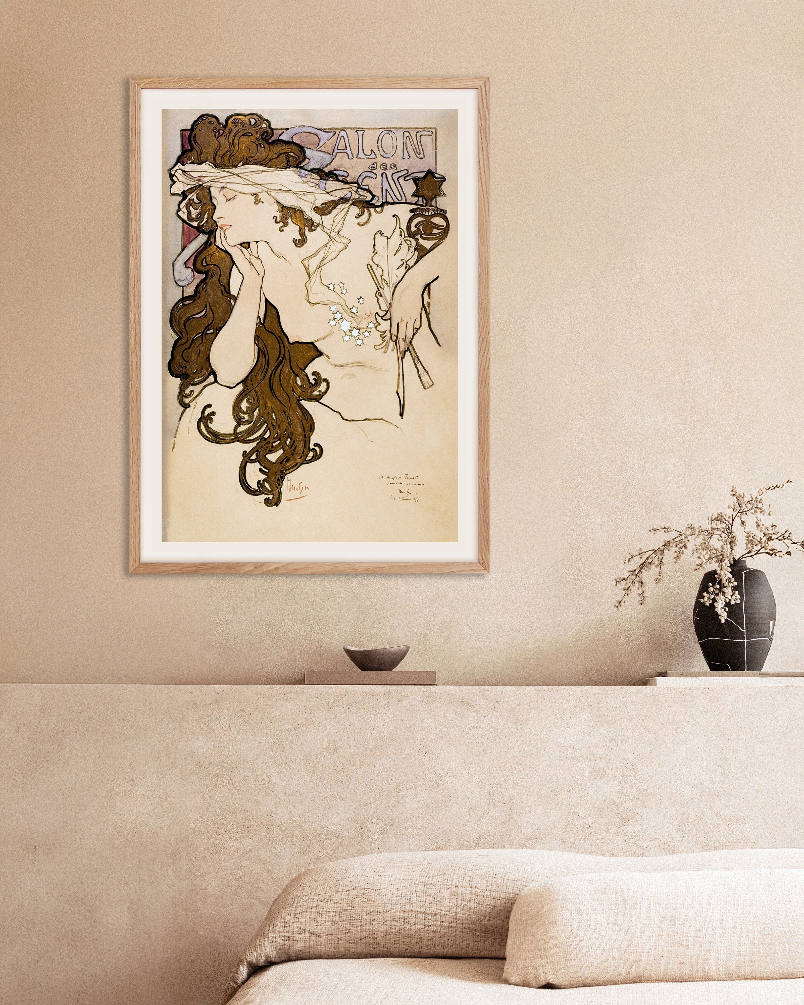 Poster of Salon of the Hundred poster (1896) by Alfons Mucha, with natural wooden frame