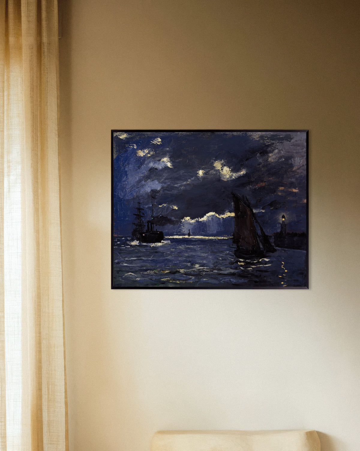 Poster Seestück, Schiffe im Mondlicht (1864) von Claude Monet mit Metallrahmen