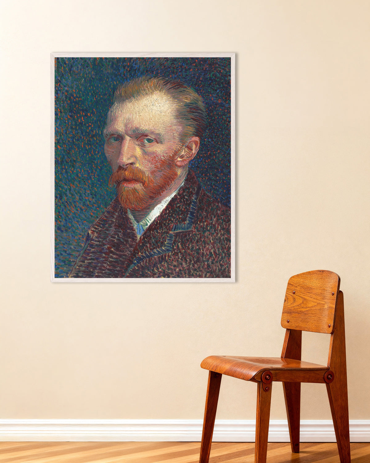 Poster Selbstporträt vor blauem Hintergrund mit Punkten (1887) von Vincent van Gogh, mit weißem Holzrahmen