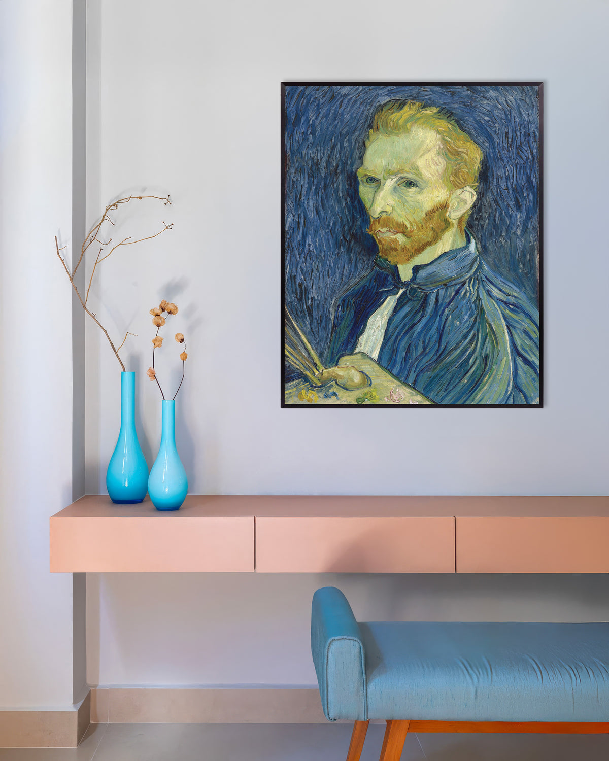 Poster mit Selbstbildnis mit Palette (1889) von Vincent van Gogh, mit Metallrahmen