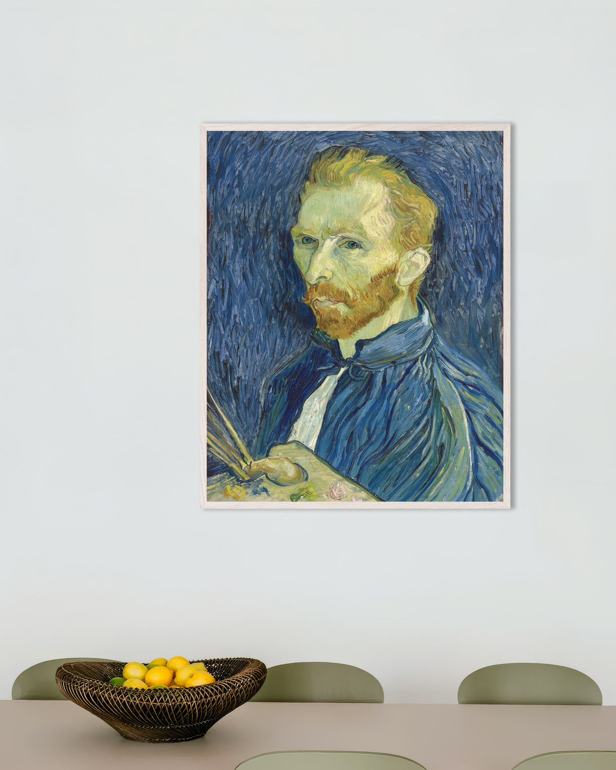 Poster mit Selbstbildnis mit Palette (1889) von Vincent van Gogh, mit weißem Holzrahmen