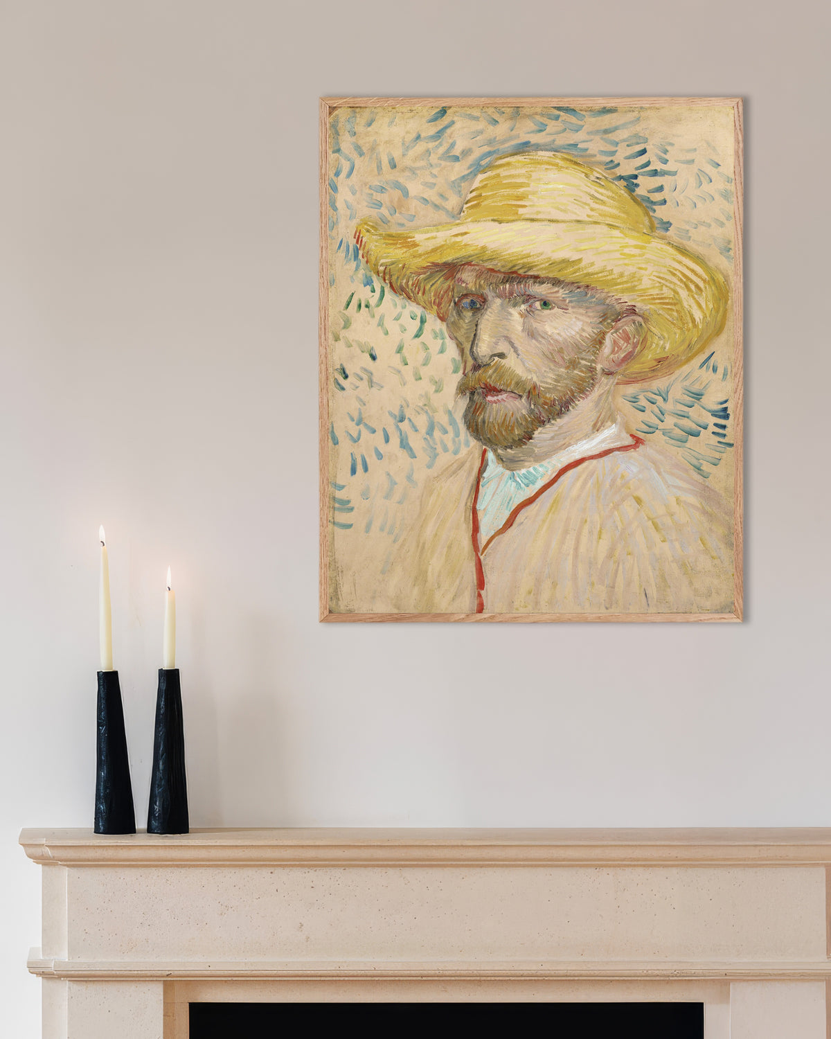 Poster „Selbstporträt mit Strohhut und Malerkittel (1887) von Vincent van Gogh“ mit Rahmen aus Naturholz