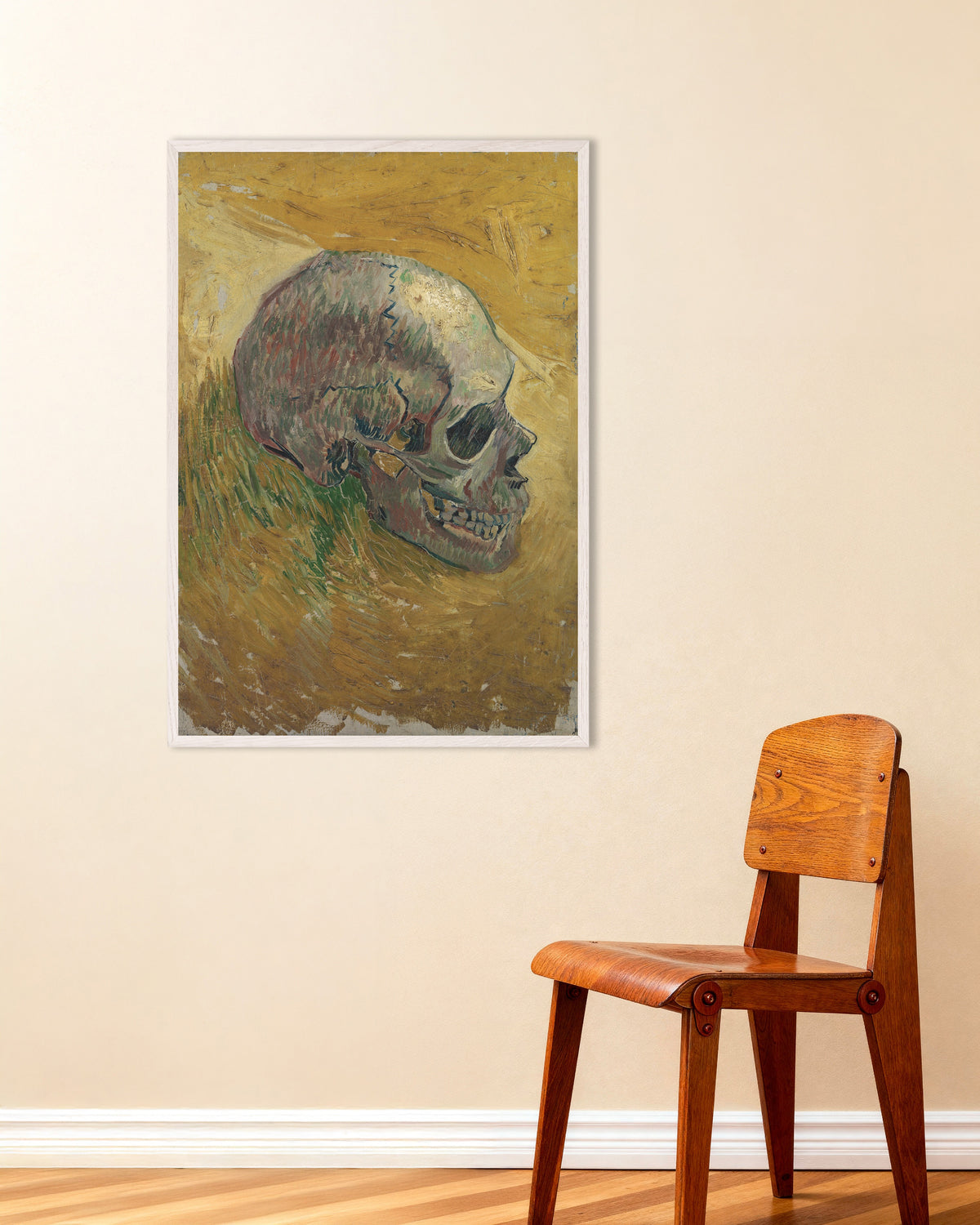 Poster Schädel (1887) von Vincent van Gogh, mit weißem Holzrahmen
