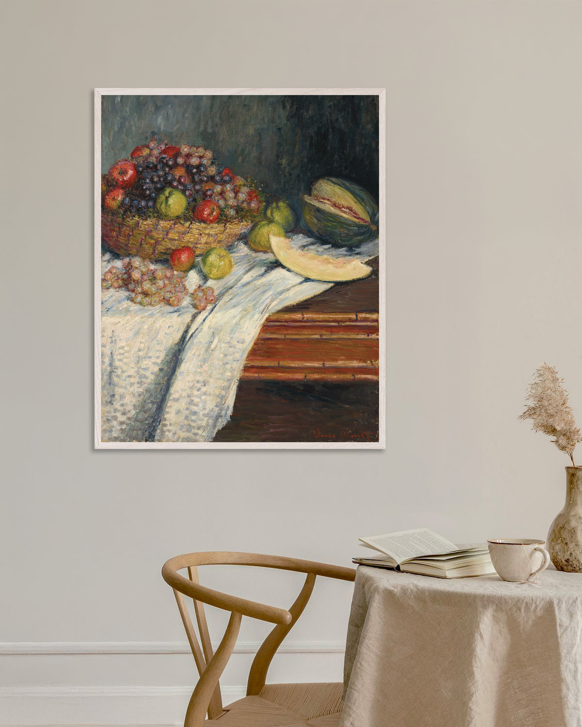 Poster Stillleben mit Melone (1879) von Claude Monet mit weißem Holzrahmen