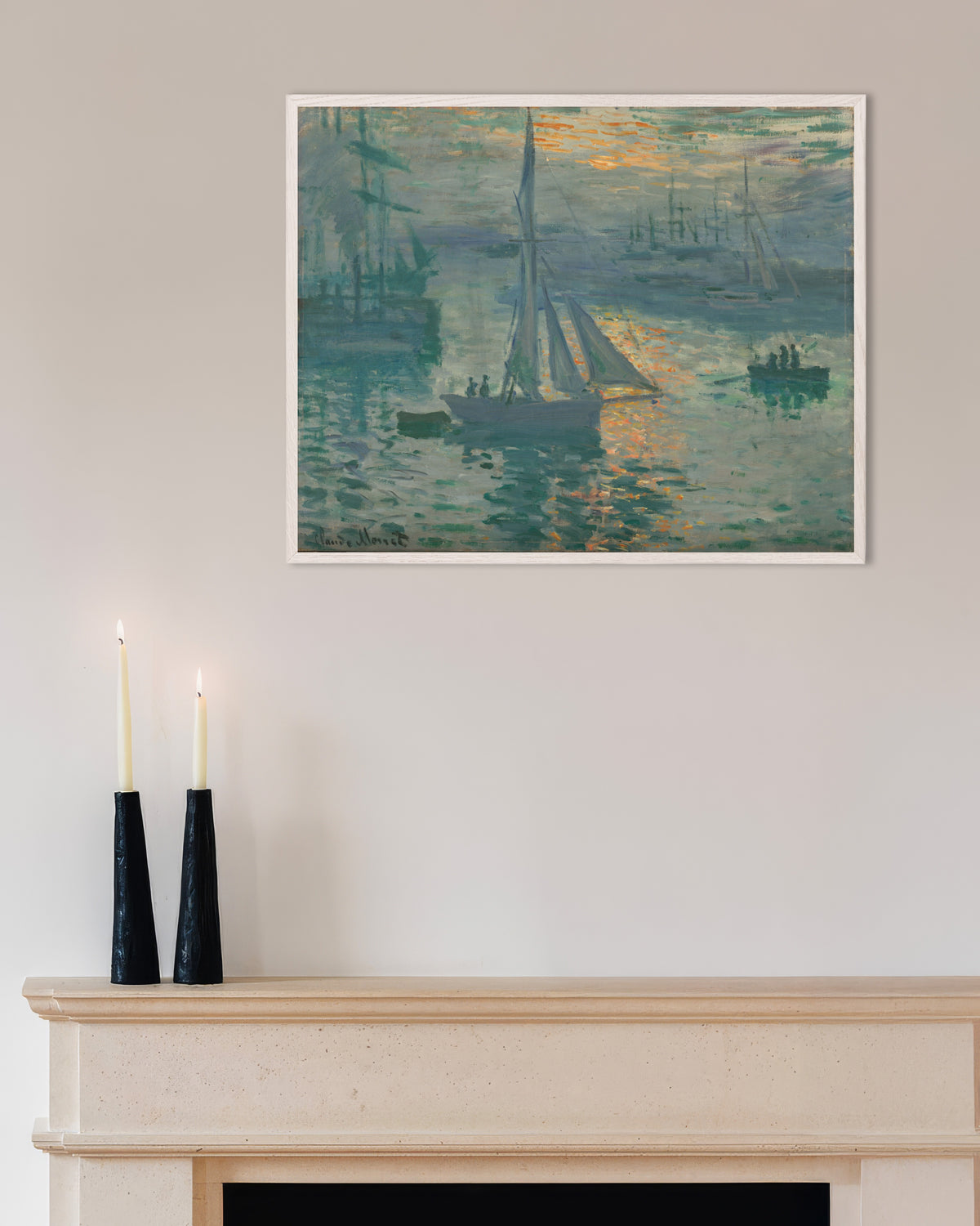 Poster Sonnenaufgang, Seestück (1873) von Claude Monet mit weißem Holzrahmen