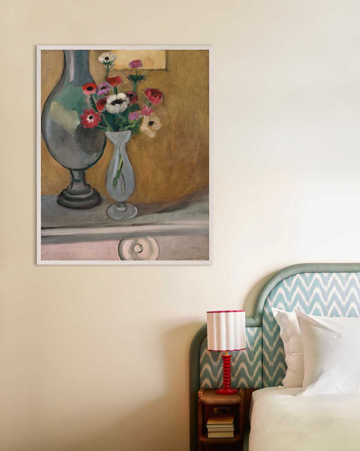 Poster „Der Anemonenstrauß (1918) von Henri Matisse“ mit weißem Holzrahmen