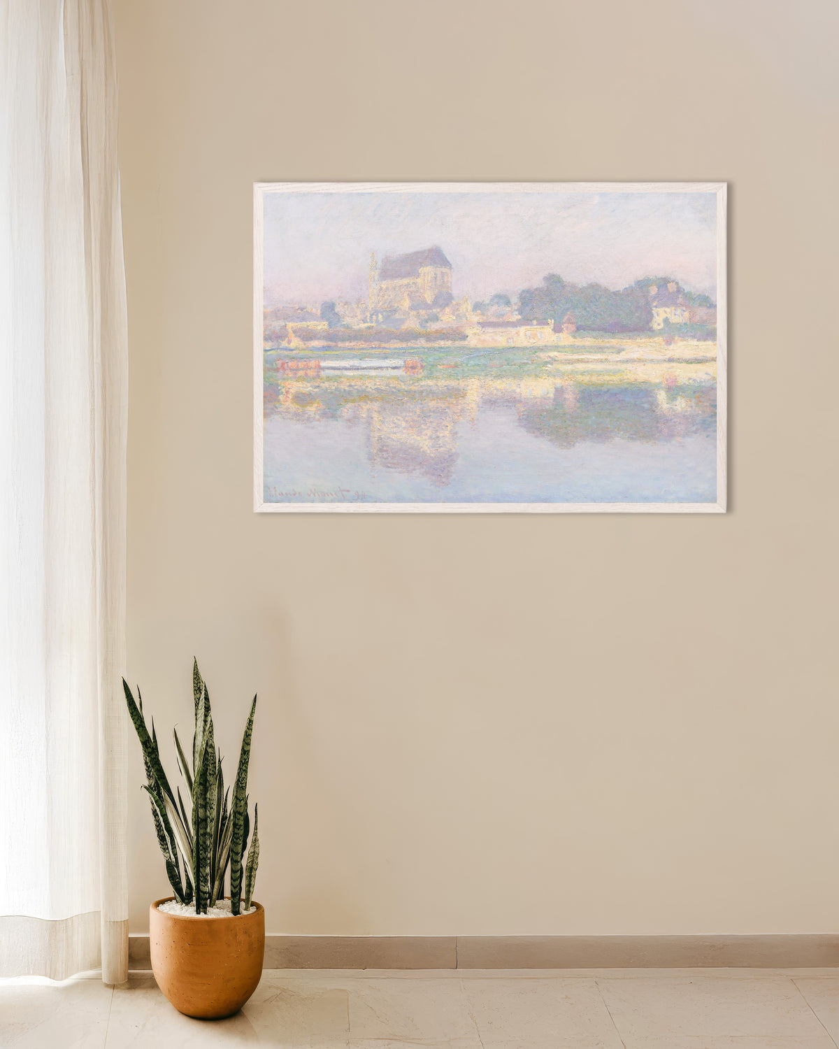 Poster Die Kirche von Vernon, Sonne (1894) von Claude Monet mit weißem Holzrahmen
