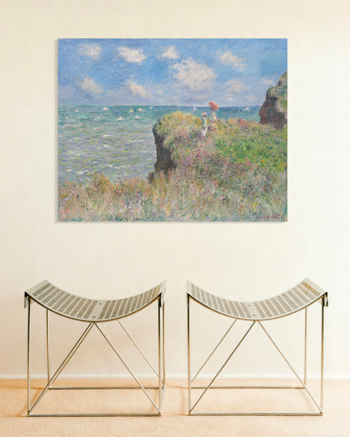 Poster Spaziergang auf der Klippe bei Pourville (1882) von Claude Monet