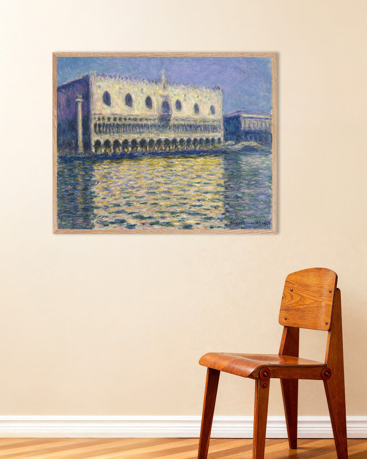 Poster Der Dogenpalast (1908) von Claude Monet mit naturfarbenem Holzrahmen