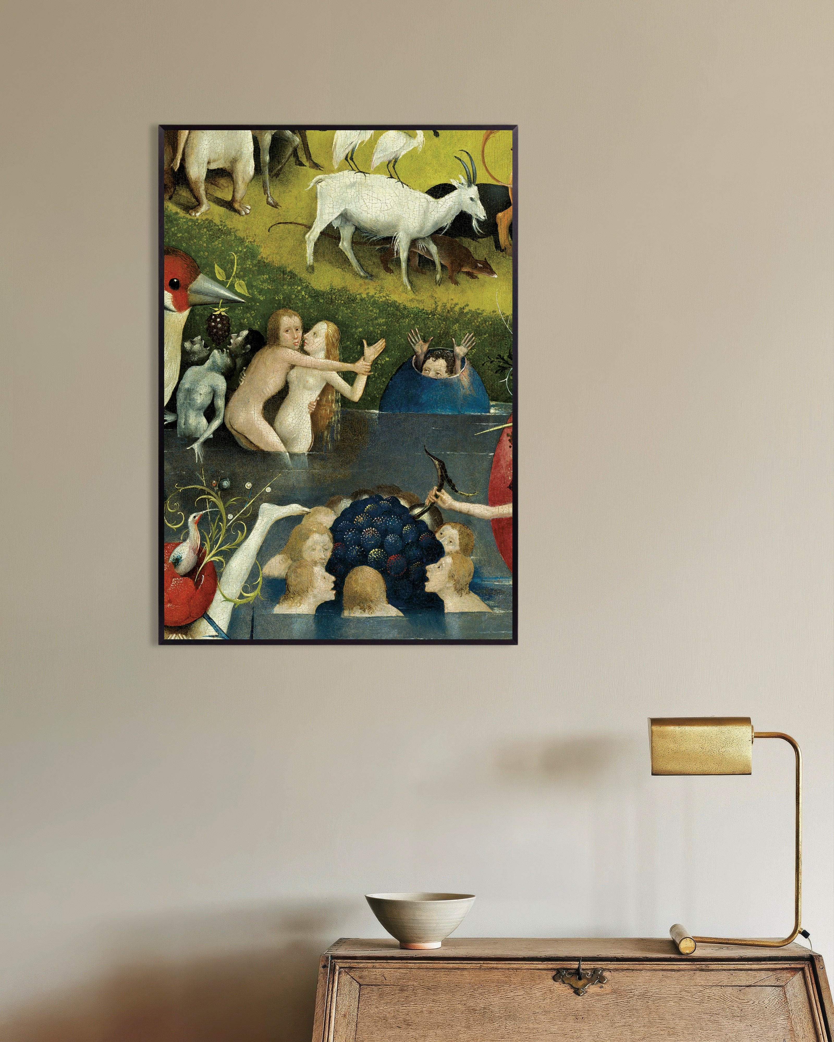 Poster of The giant fruit and bathers - Detail from The Garden of Earthly Delights, with metal frame