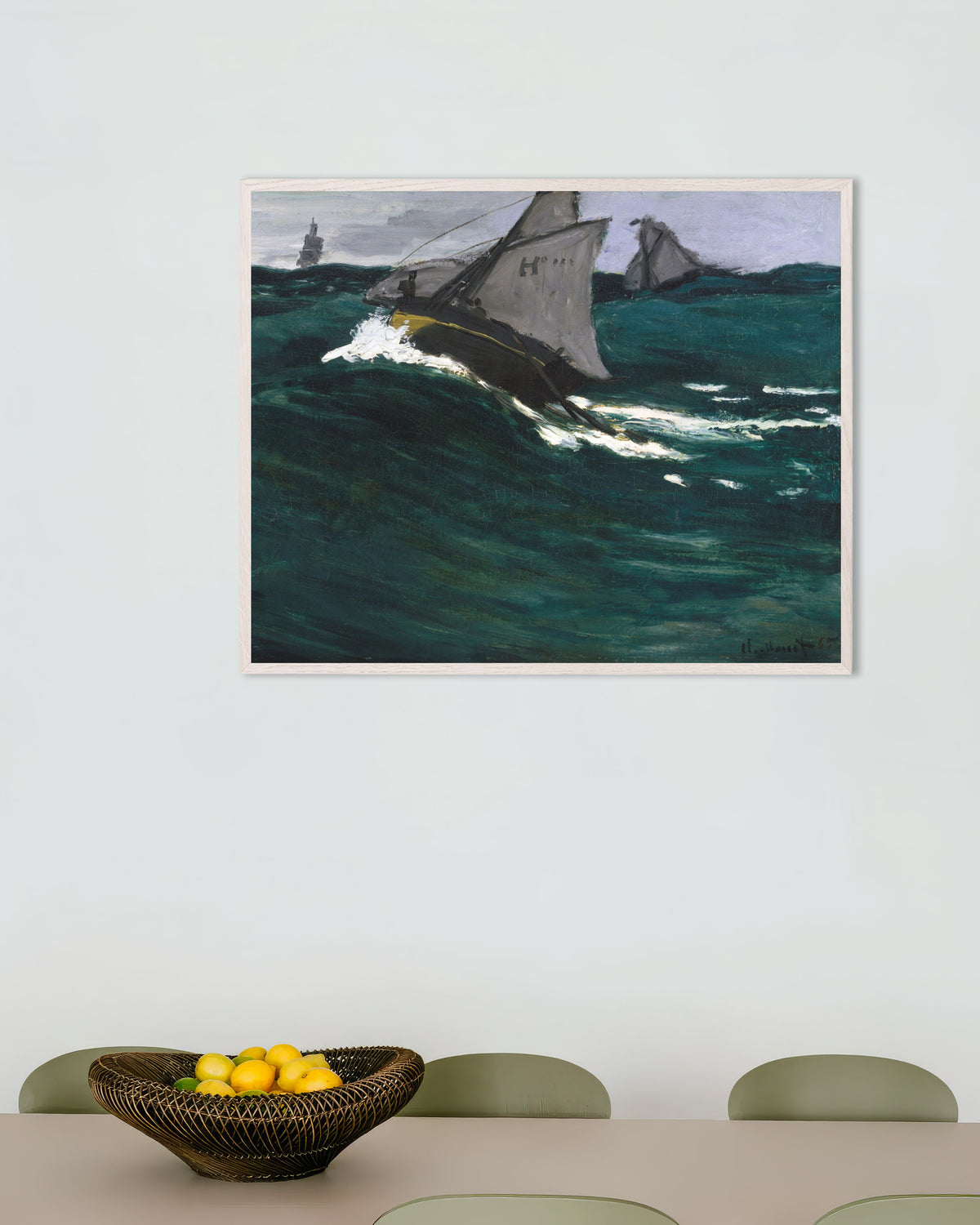 Poster Die grüne Welle (um 1866–1867) von Claude Monet mit weißem Holzrahmen