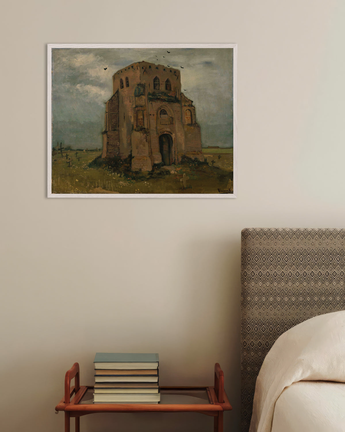 Poster von Der alte Kirchturm von Nuenen (1885) von Vincent van Gogh, mit weißem Holzrahmen