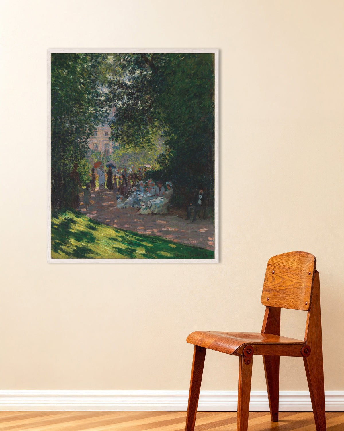 Poster Der Parc Monceau (1878) von Claude Monet mit weißem Holzrahmen