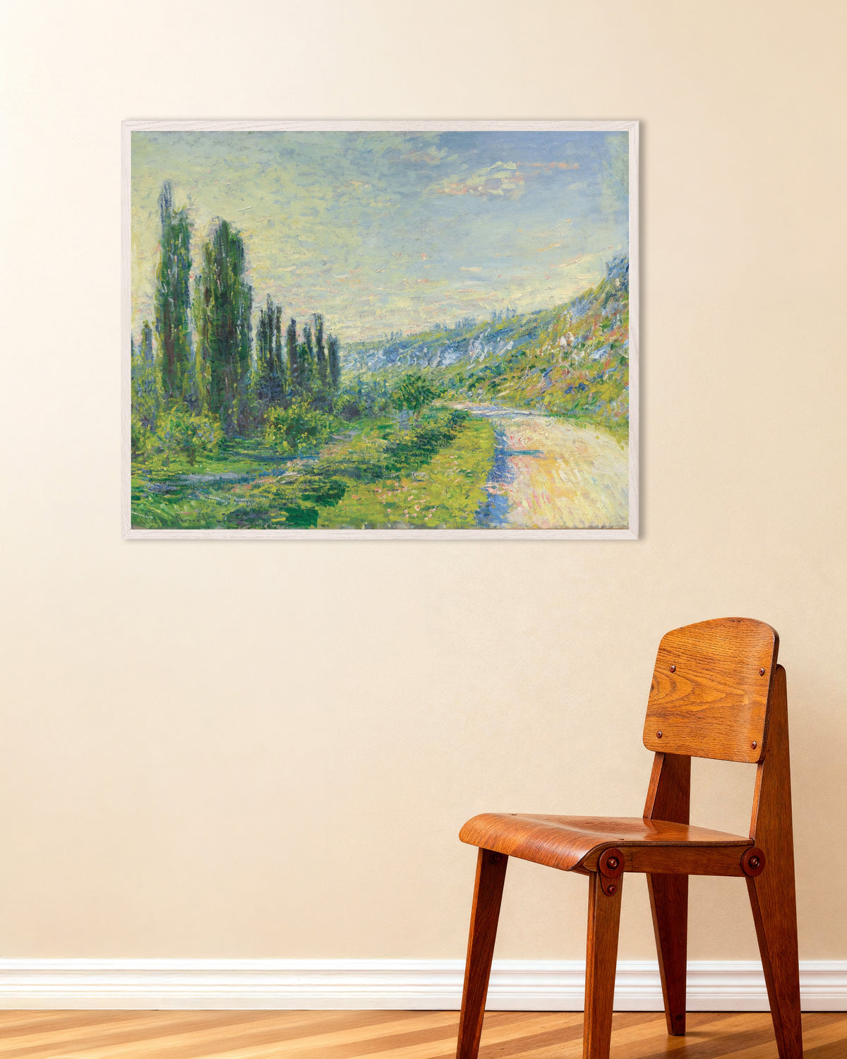 Poster Die Straße bei Vétheuil (um 1880) von Claude Monet mit weißem Holzrahmen