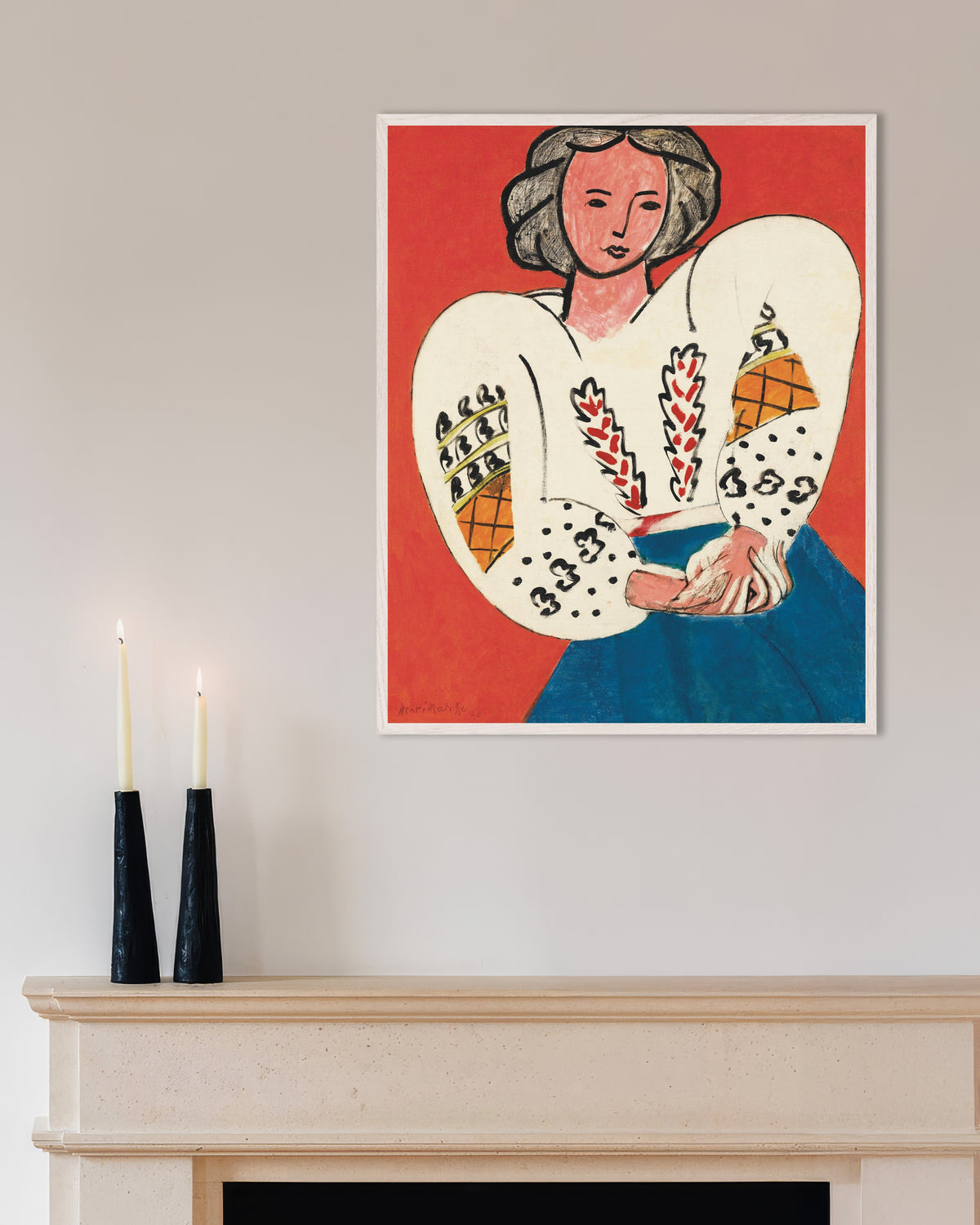 Poster mit Die rumänische Bluse (1940) von Henri Matisse, mit weißem Holzrahmen