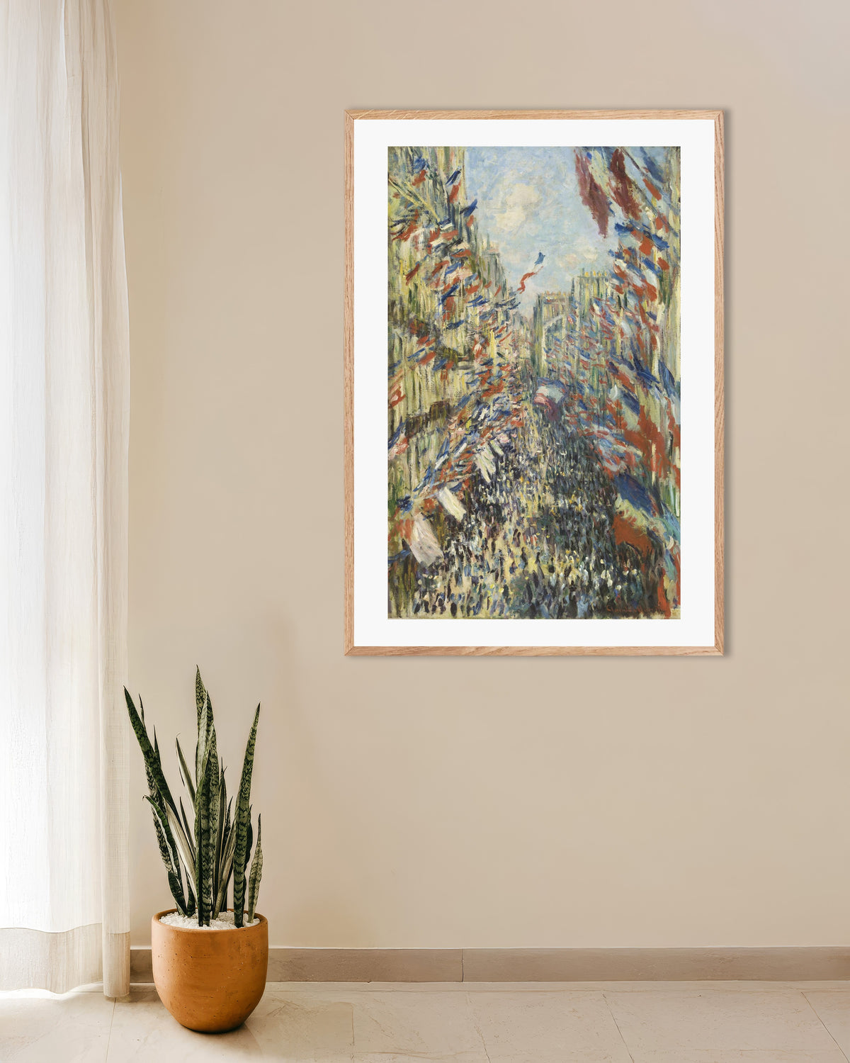 Poster Die Rue Montorgueil in Paris, Fest des 30. Juni 1878 von Claude Monet mit naturfarbenem Holzrahmen