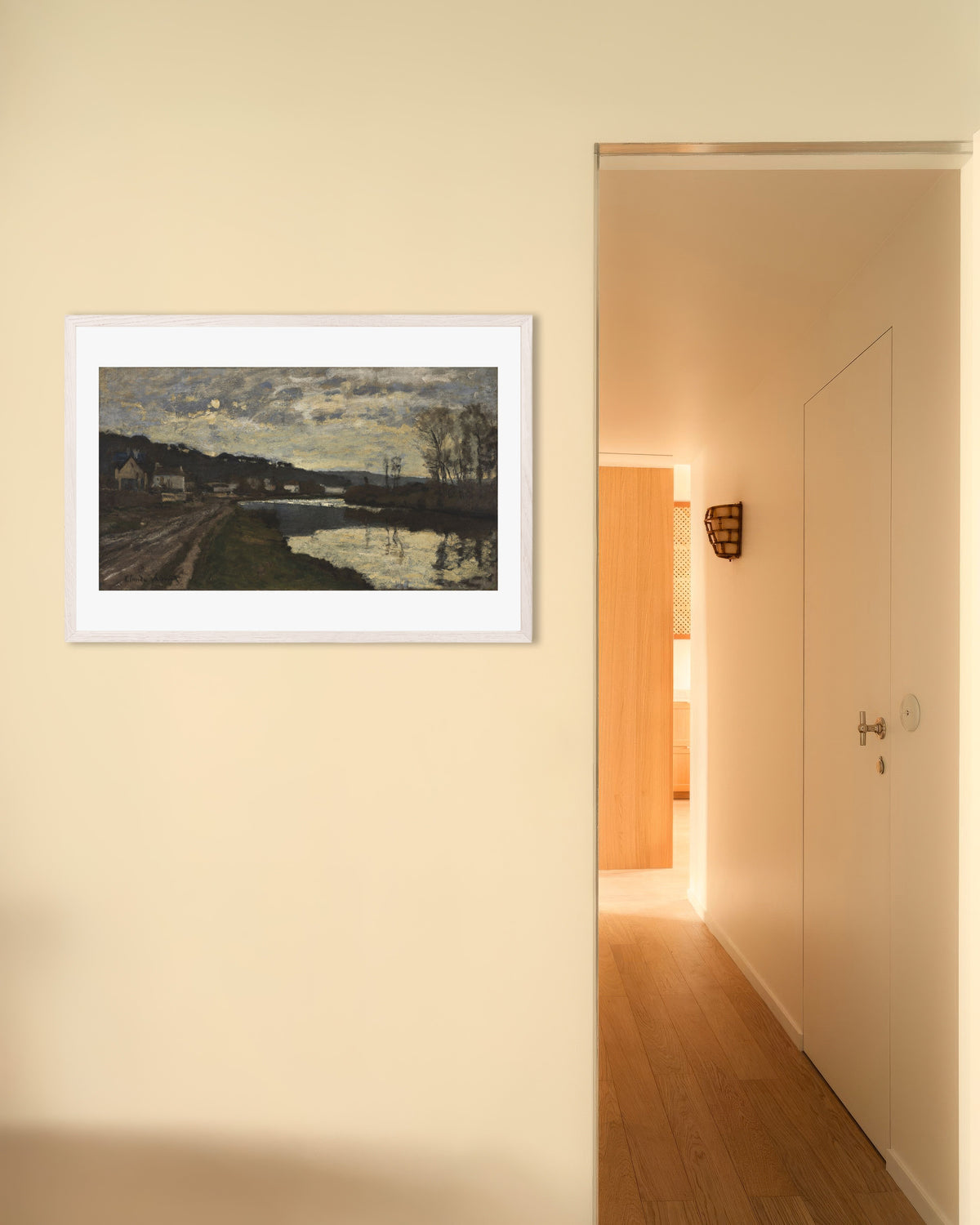 Poster Die Seine bei Bougival (1870) von Claude Monet mit weißem Holzrahmen
