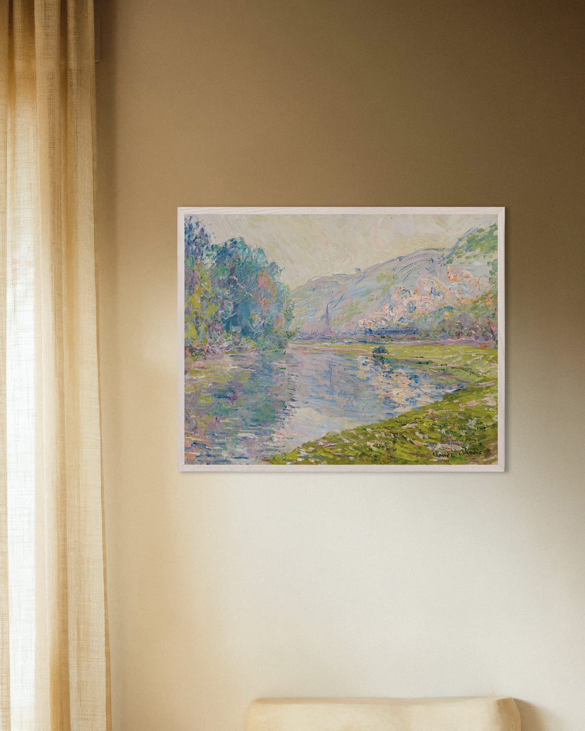 Poster Der Zug in Jeufosse (1884) von Claude Monet mit weißem Holzrahmen