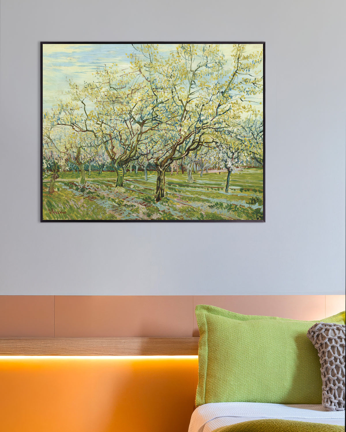 Poster: Der weiße Obstgarten (1888) von Vincent van Gogh, mit Metallrahmen