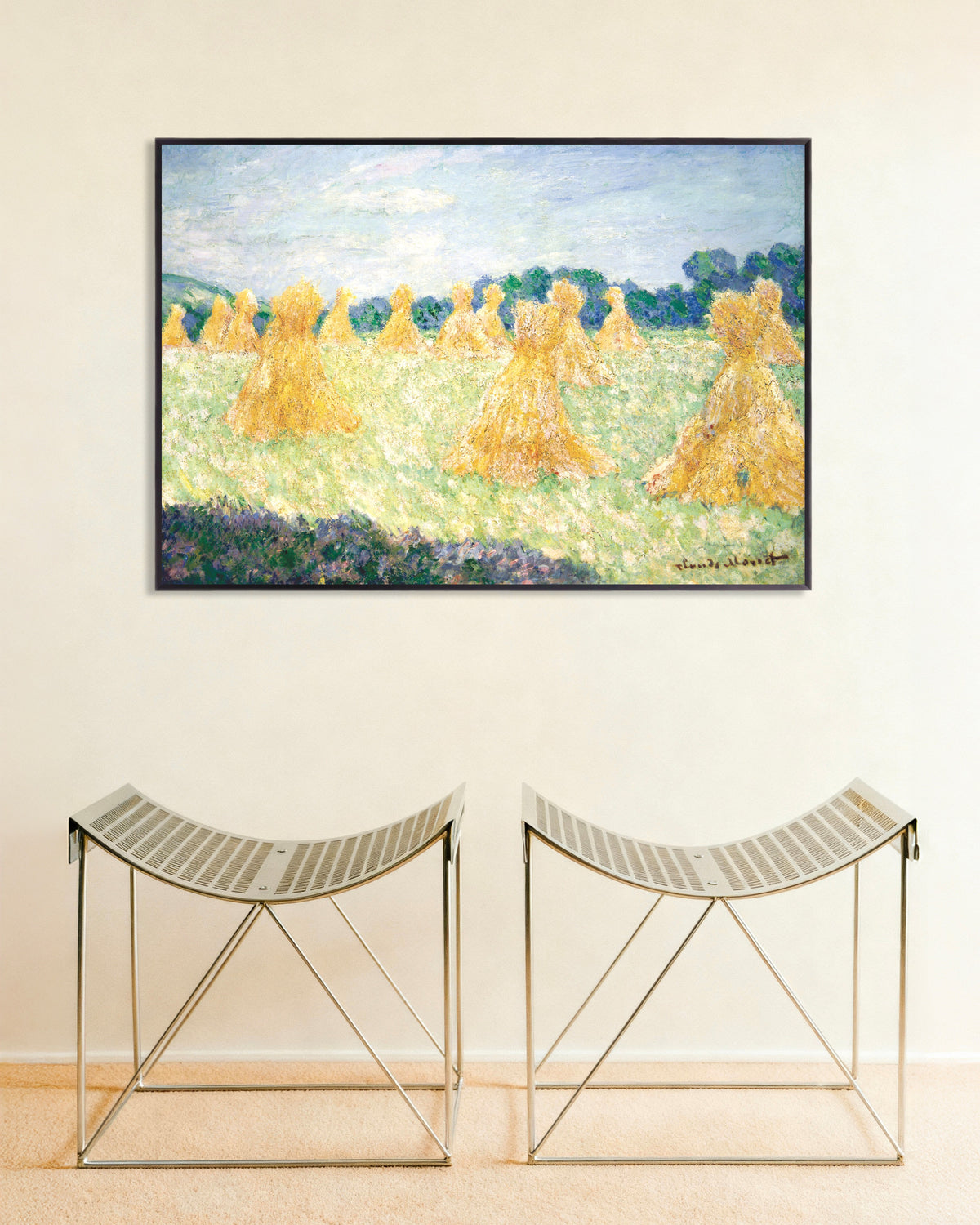 Poster Die jungen Damen von Giverny, Sonneneffekt (1894) von Claude Monet mit Metallrahmen