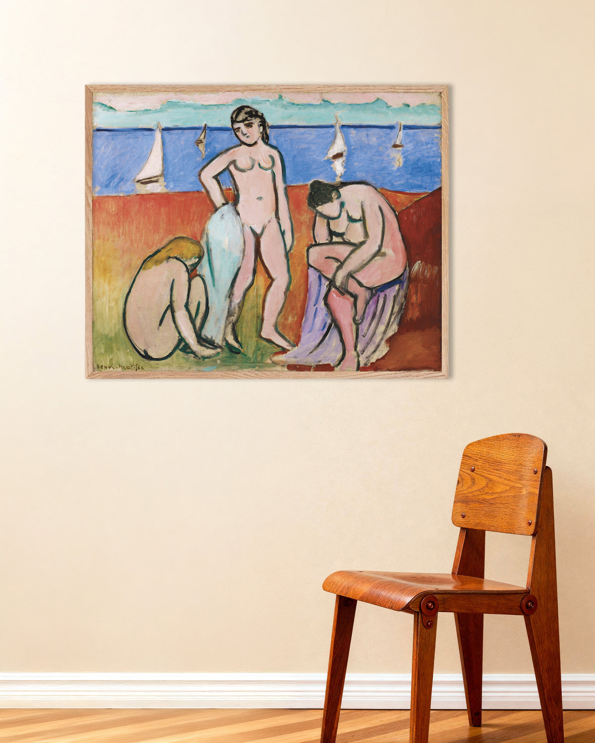 Poster Drei Badende (1907) von Henri Matisse, mit naturfarbenem Holzrahmen