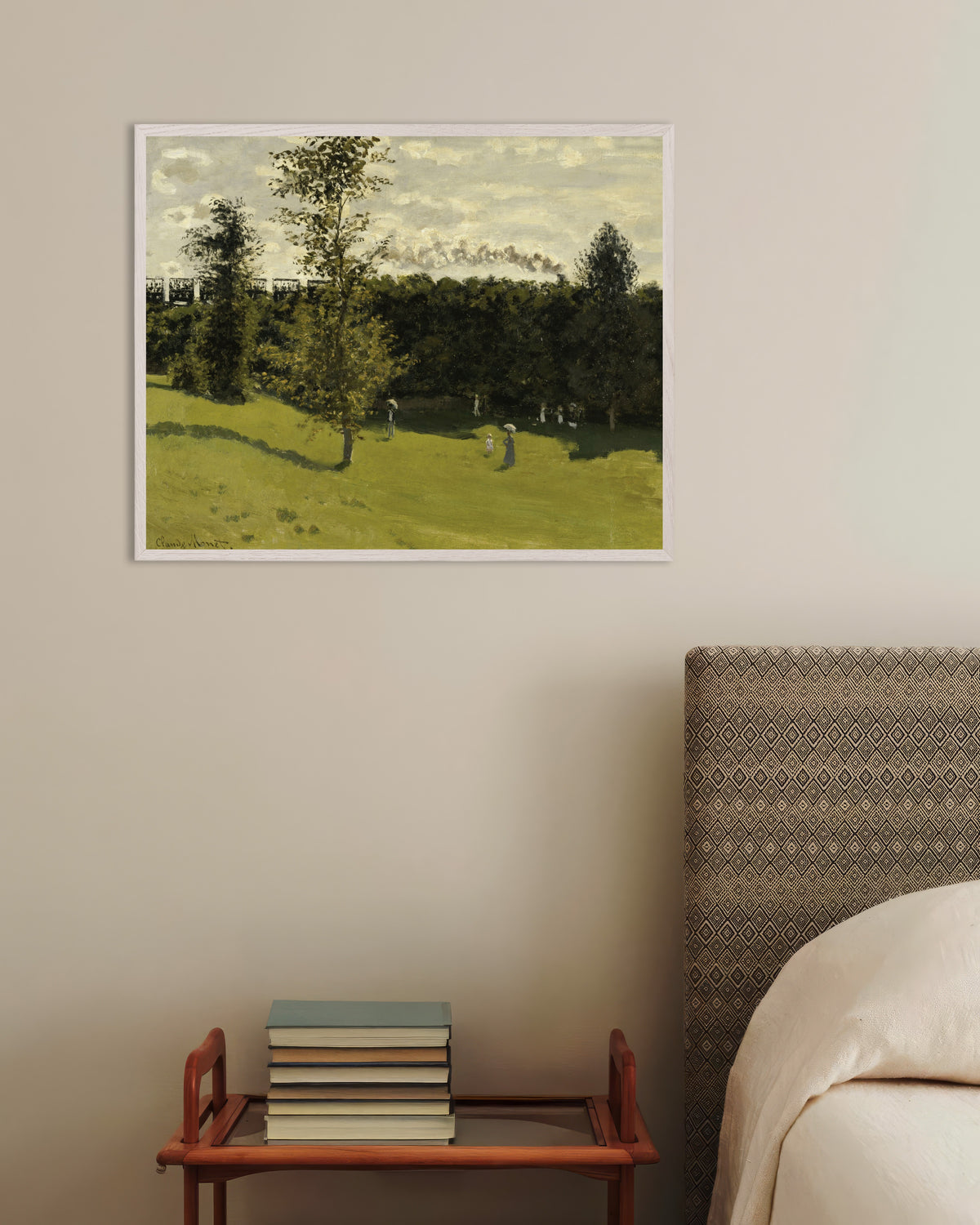 Poster Zug auf dem Land (um 1870) von Claude Monet mit weißem Holzrahmen