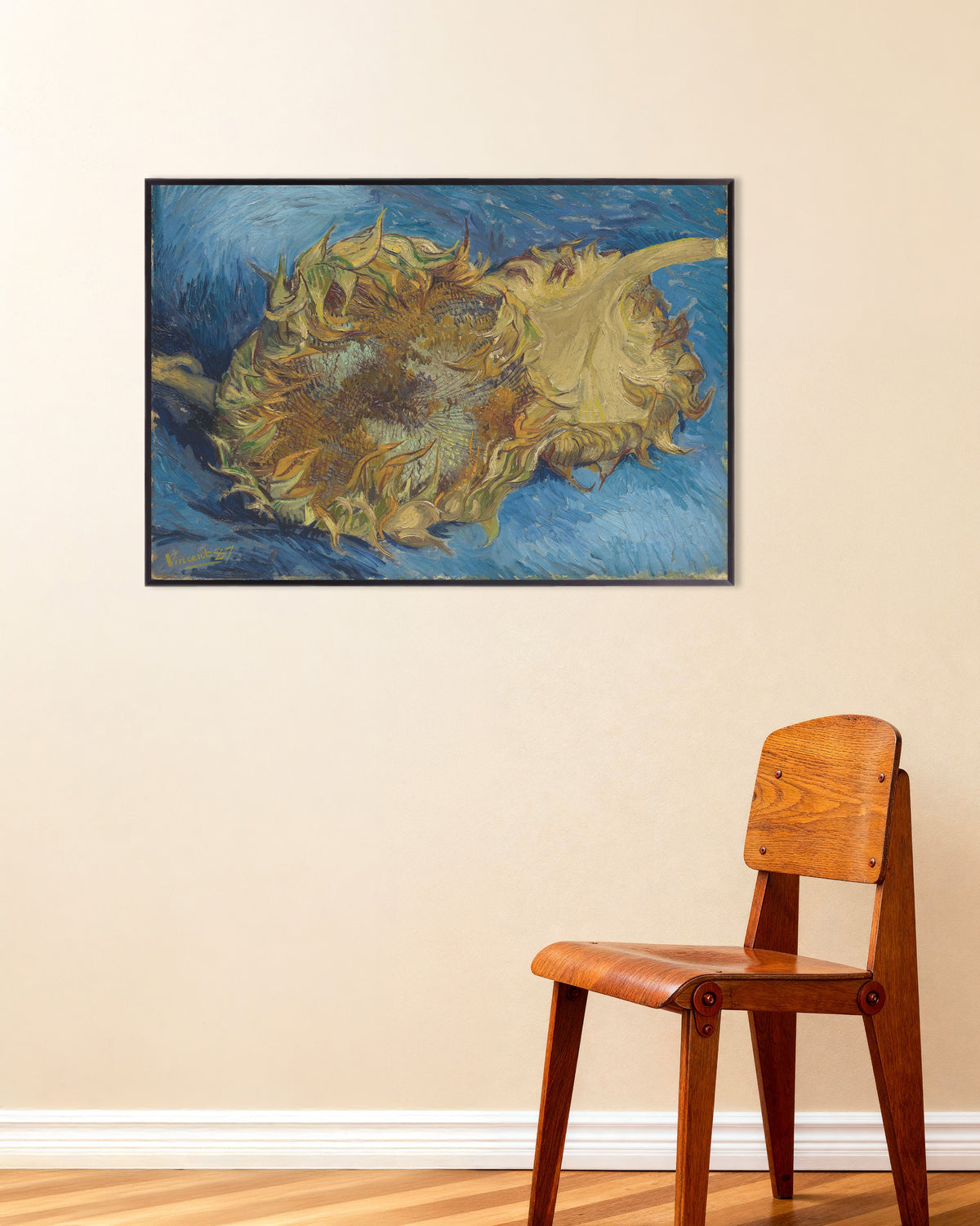 Poster mit Zwei abgeschnittene Sonnenblumen (1887) von Vincent van Gogh, mit Metallrahmen