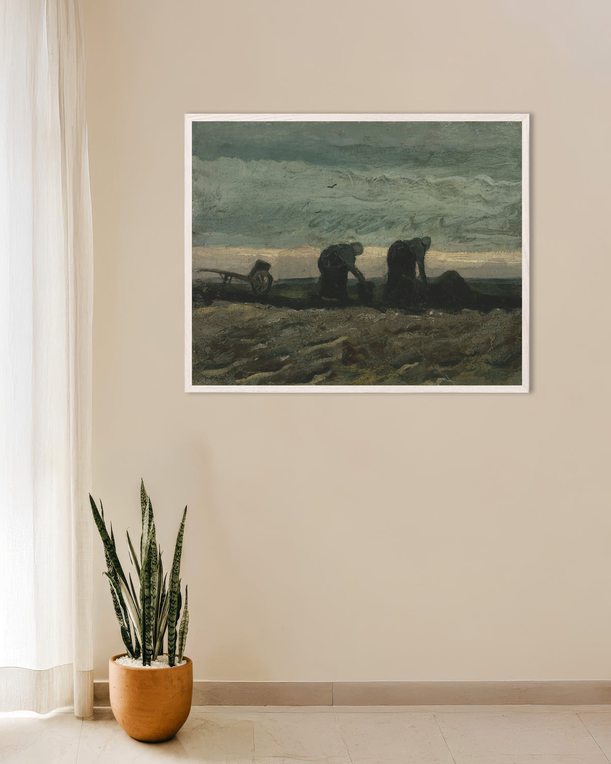 Poster von Zwei Frauen auf der Heide (1883) von Vincent van Gogh, mit weißem Holzrahmen