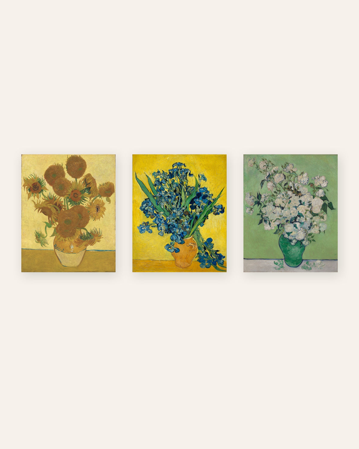 Van Gogh Blumen Poster 3er-Set: Sonnenblumen, Schwertlilien und Rosen, ohne Rahmen