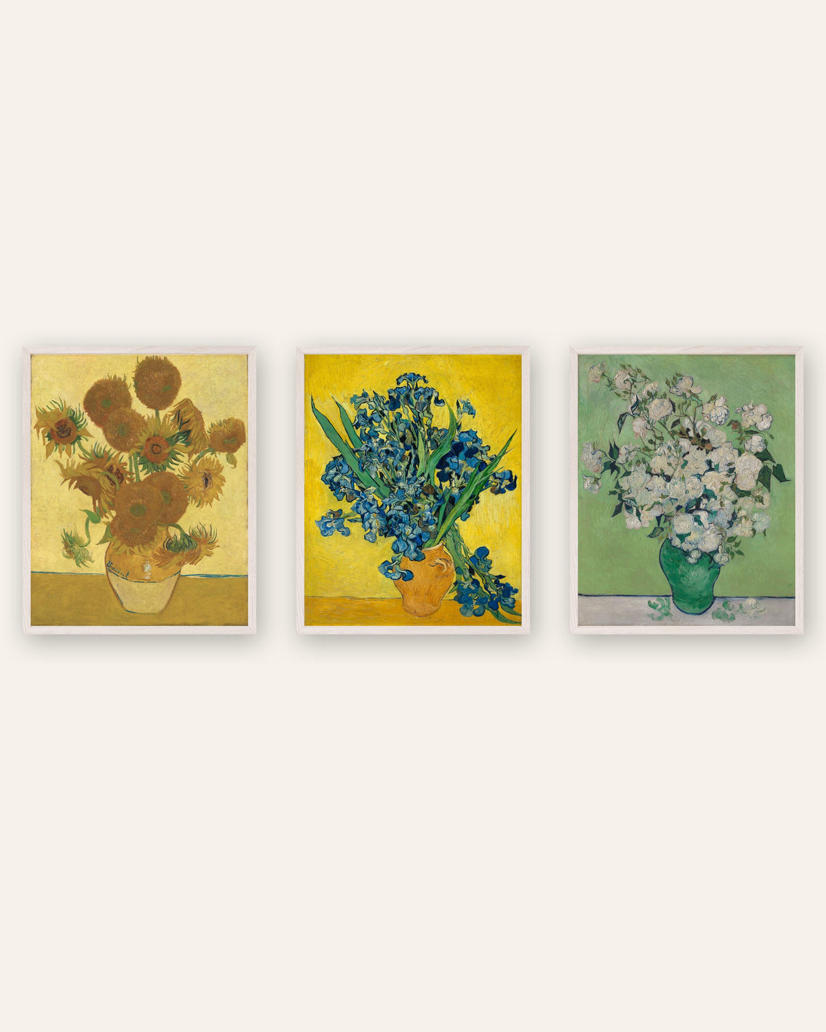 Van Gogh Blumen Poster 3er-Set: Sonnenblumen, Schwertlilien und Rosen, in weißen Eichenrahmen