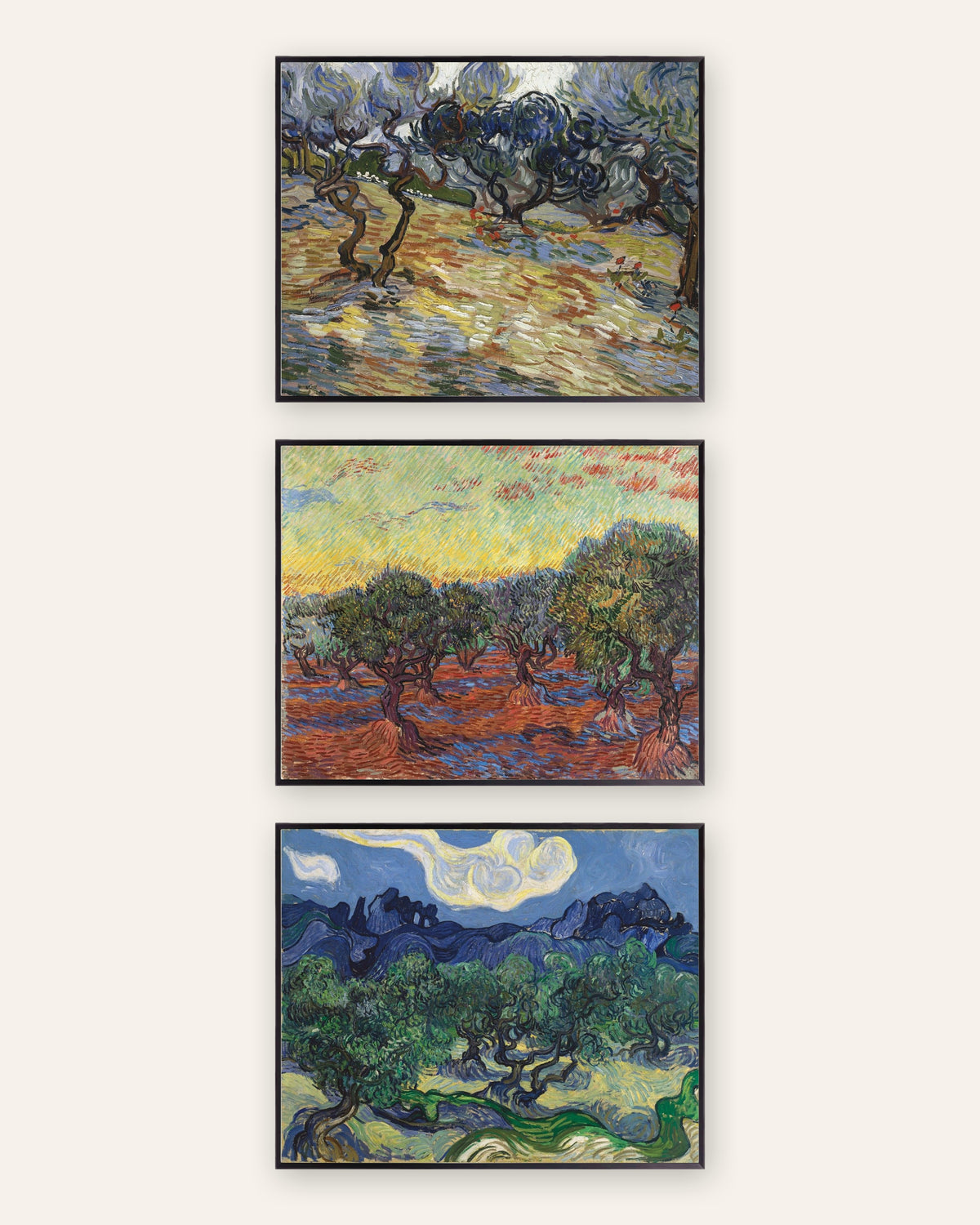 Van Gogh Olivenbäume Poster 3er-Set: die Olivenhaine von Saint-Rémy, in schwarzen Metallrahmen