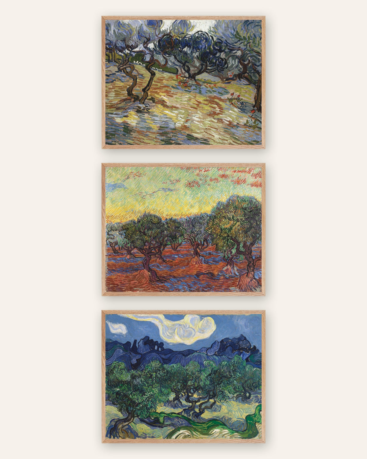 Van Gogh Olivenbäume Poster 3er-Set: die Olivenhaine von Saint-Rémy, in Rahmen aus Natureiche