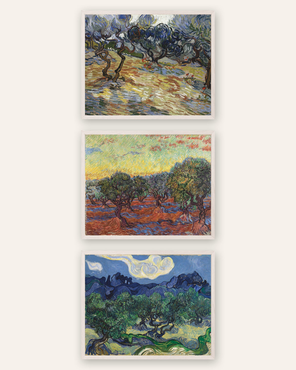 Van Gogh Olivenbäume Poster 3er-Set: die Olivenhaine von Saint-Rémy, in weißen Eichenrahmen