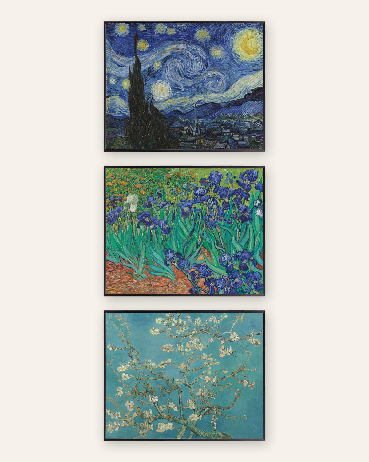 Van Gogh Poster 3er-Set: Die Sternennacht, Schwertlilien und Mandelblüte, in schwarzen Metallrahmen