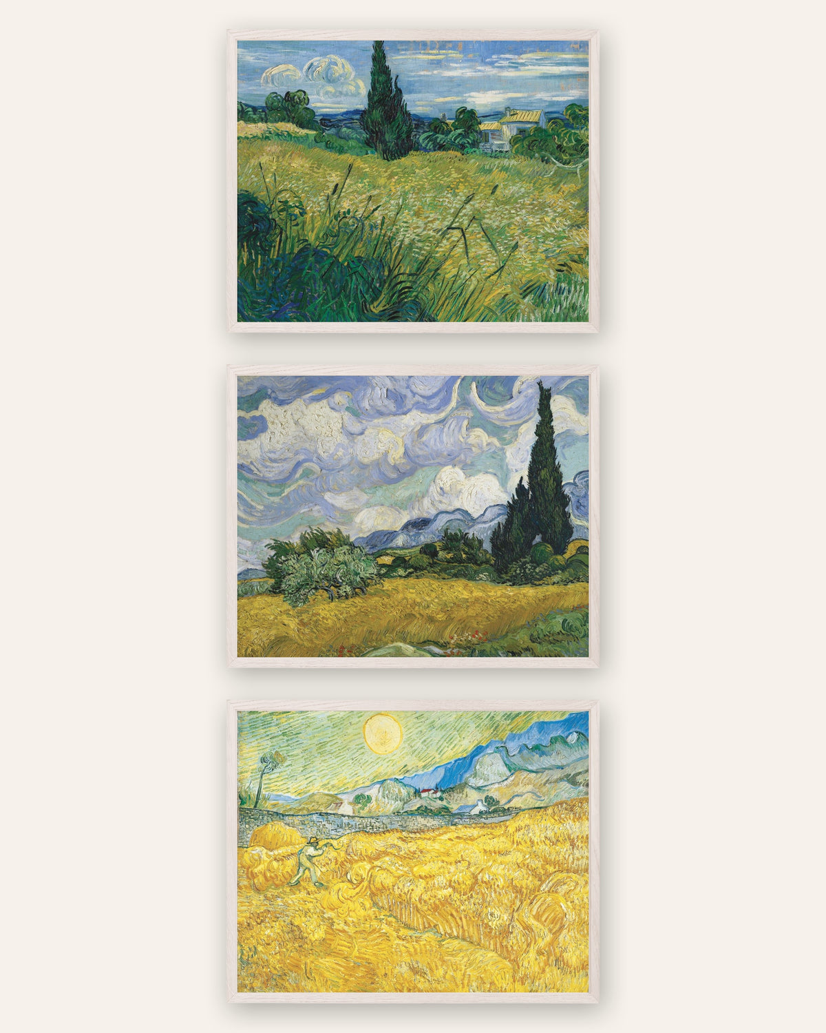 Van Gogh Weizenfeld Poster 3er-Set: Zypressen und Ernte, in weißen Eichenrahmen