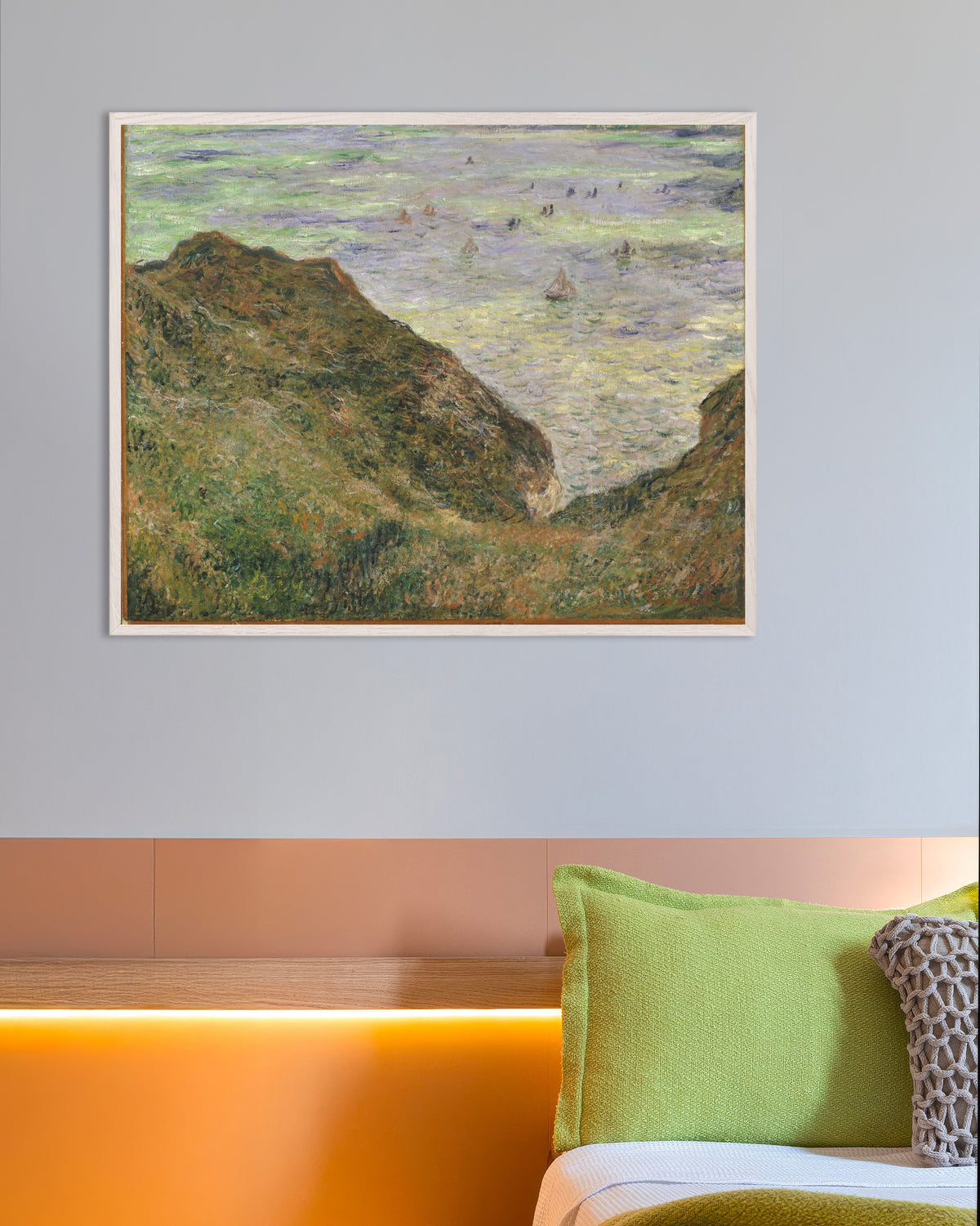 Poster Blick auf das Meer (1882) von Claude Monet mit weißem Holzrahmen