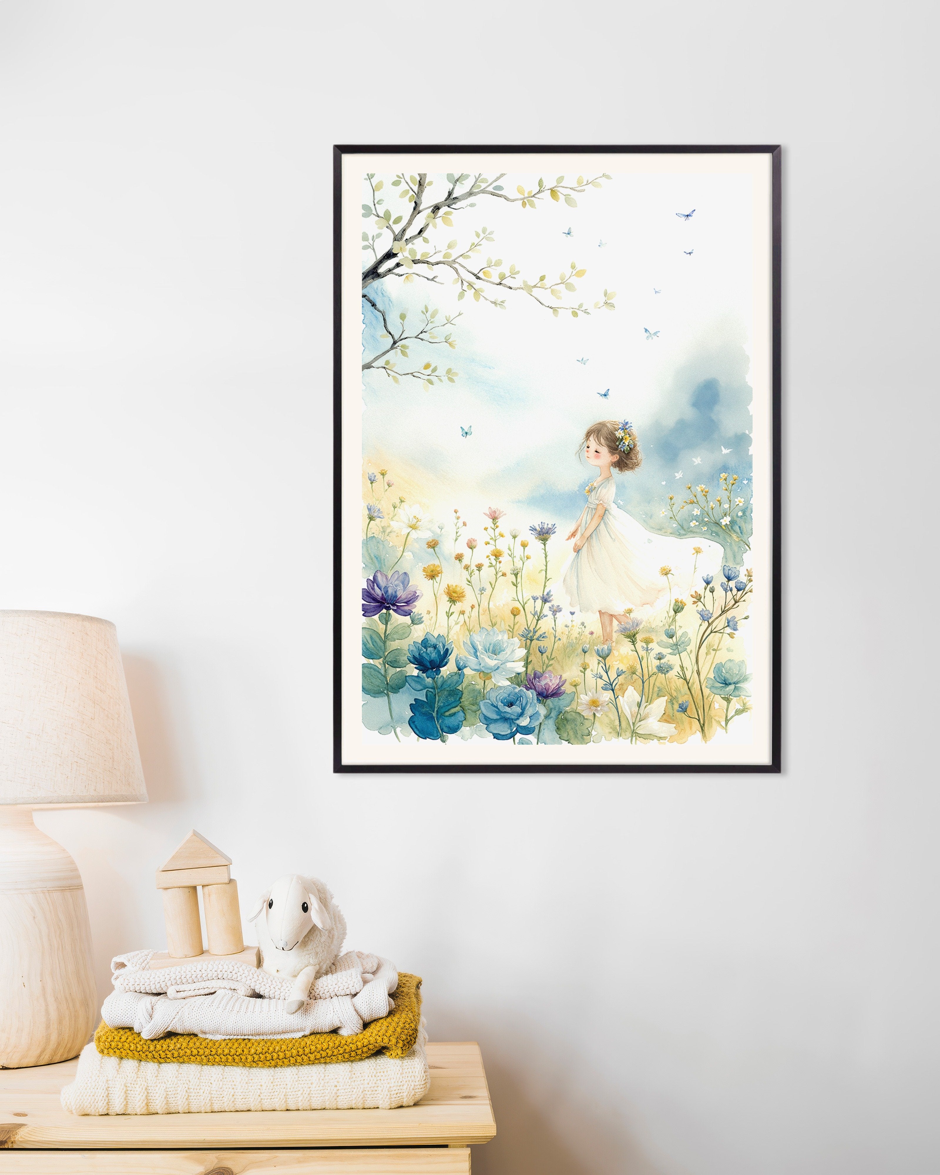Poster of Watercolor painting, young girl and flowers - Poster, with metal frame