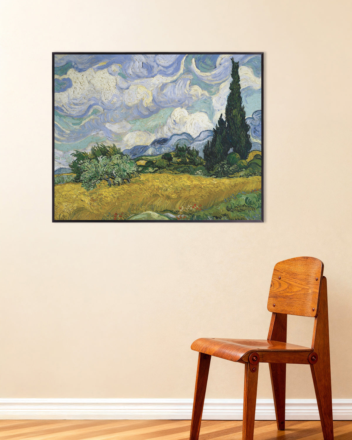 Poster Weizenfeld mit Zypressen (1889) von Vincent van Gogh, mit Metallrahmen