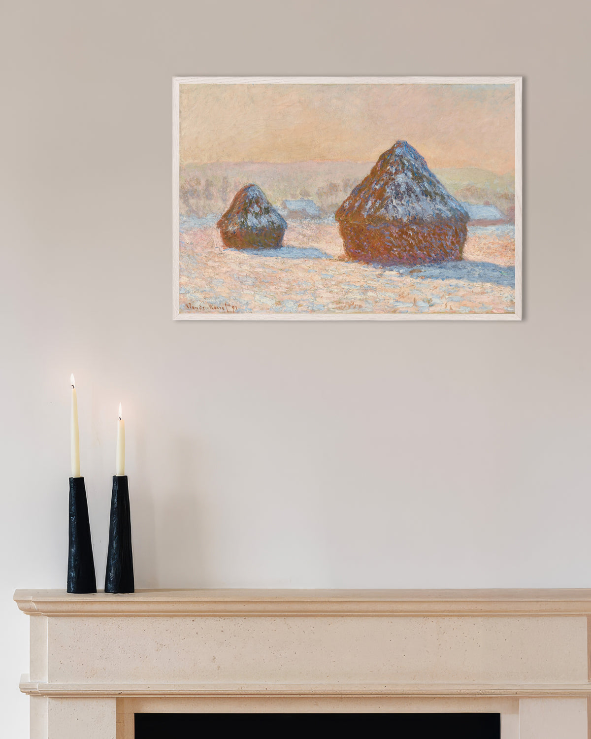 Poster Getreideschober, Schneeeffekt, Morgen (1891) von Claude Monet mit weißem Holzrahmen